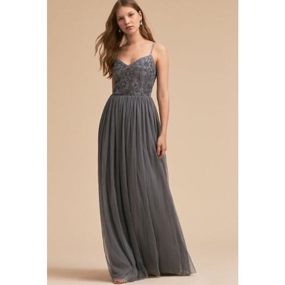 BHLDN Elowen Maxi Dress V Neck Floral Sequin Beaded Tulle Long Formal Gown Steel - Picture 12 of 13
